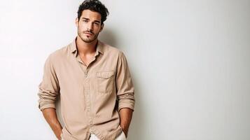 A man in a tan shirt and white pants photo