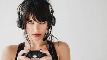A woman wearing headphones holding a game controller photo
