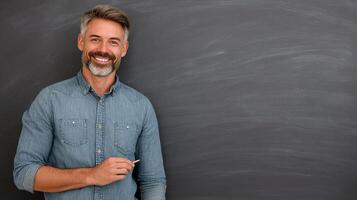 A man with a beard and a blue shirt is standing in front of a blackboard photo