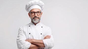 A man in a chef's uniform with his arms crossed photo