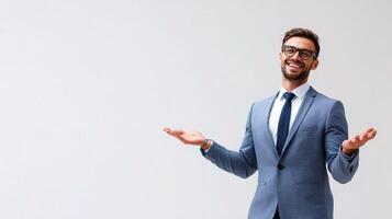 A man in a suit and glasses is standing with his arms out photo