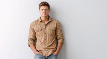 Handsome young man in casual shirt and jeans standing against wall photo