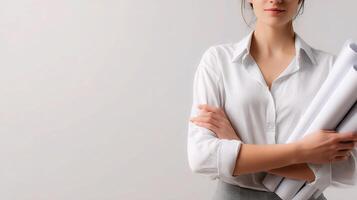 A woman in a white shirt holding blueprints photo