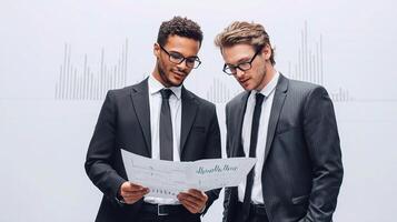 Two business men in suits looking at a document photo