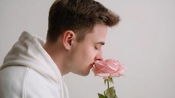 A man is smelling a rose photo