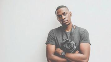 A man with a camera standing in front of a white wall photo