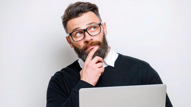 A man with a beard and glasses is looking at a laptop photo