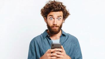 A man with curly hair and beard holding a cell phone photo