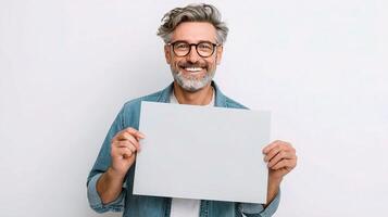 Smiling man holding up blank paper photo
