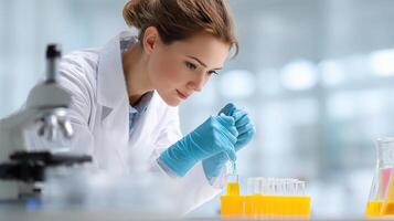 A woman in a lab coat is looking at a test tube photo
