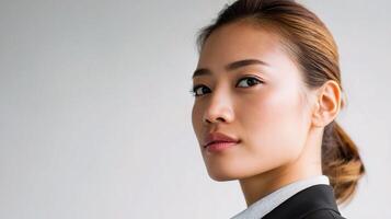 A woman in a business suit looking to the side photo