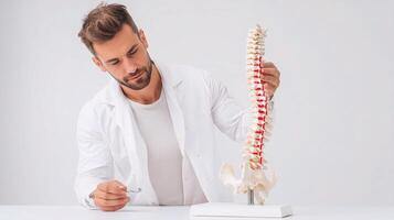 A man in a lab coat is looking at a model of the spine photo