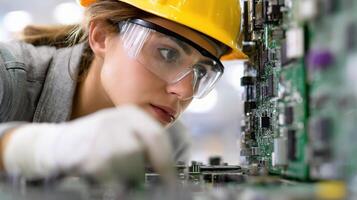 A woman in a hard hat and safety glasses working on a computer photo