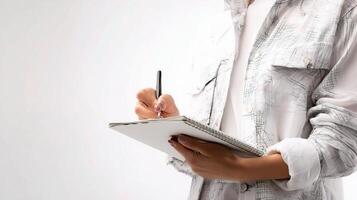 A person holding a pen and writing on a notepad photo