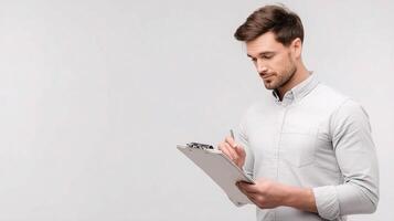 A man is holding a clipboard and writing on it photo