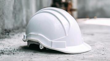 A white hard hat sitting on the ground photo