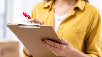 A woman is holding a clipboard and writing on it photo