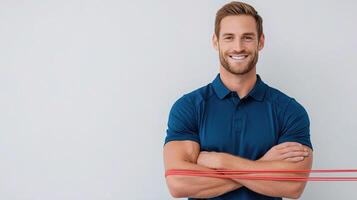 A man in a blue shirt is holding a red band photo