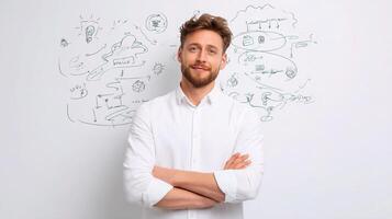 A man in a white shirt is standing in front of a whiteboard with drawings on it photo