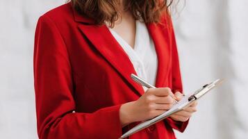 A woman in a red suit is writing on a clipboard photo