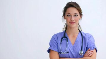A woman in a blue scrub suit is standing with her arms crossed photo