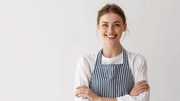 A woman in a striped apron is smiling photo