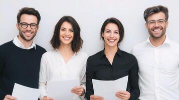 Four smiling business people holding papers photo