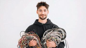 A man holding a bunch of wires photo