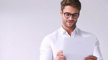 A man in glasses holding a piece of paper photo