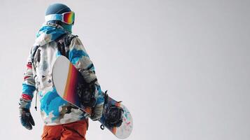 A person wearing a snowboard and a helmet photo