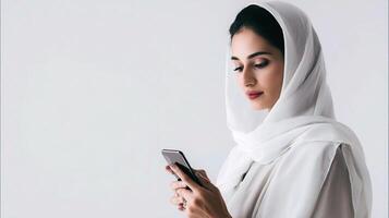 A woman in a white hijab is using her phone photo