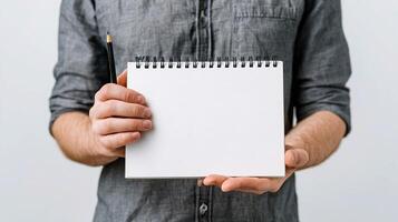 Man holding blank notebook with pen photo