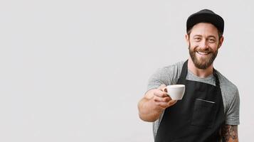 A smiling man holding a cup of coffee photo