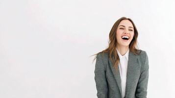 A woman in a suit is laughing photo