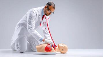 A man in a white coat is using a stethoscope on a dummy photo