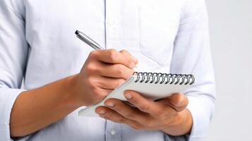 A man is holding a pen and writing in a notebook photo
