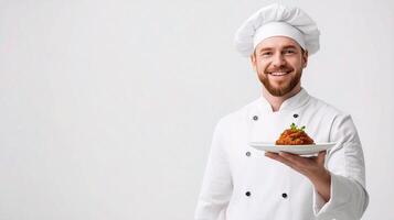 Chef holding plate with food on white background photo