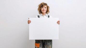 A woman holding a blank board in front of her photo