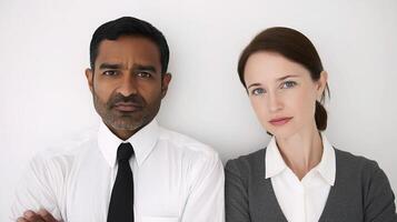 A man and woman standing in front of a white wall photo