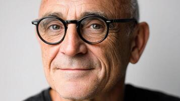 A close up of a bald man wearing glasses photo
