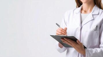 A woman in a lab coat holding a clipboard photo