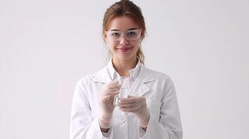 A woman in a lab coat holding a glass photo