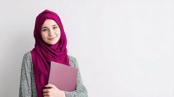 Young muslim woman in hijab holding a folder photo