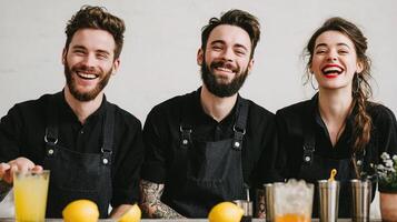 Three people in aprons smiling and holding lemons photo