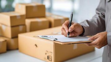 Man writing on clipboard with boxes in background photo