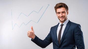 Businessman showing thumbs up on whiteboard photo