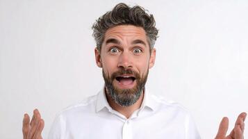 A man with a beard and white shirt is making a surprised face photo