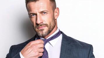 A man in a suit and tie adjusting his tie photo