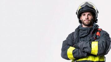 A man in a fireman uniform is standing with his arms crossed photo