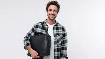 A man is holding a laptop and smiling photo
